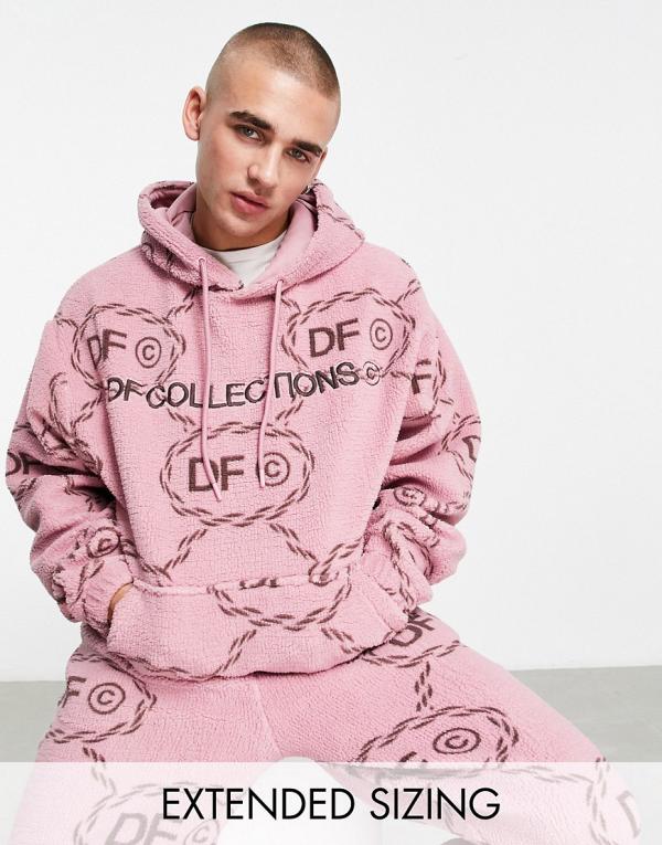 ASOS Dark Future oversized hoodie in teddy borg with all over monogram logo print and embroidery in pink (part of a set)