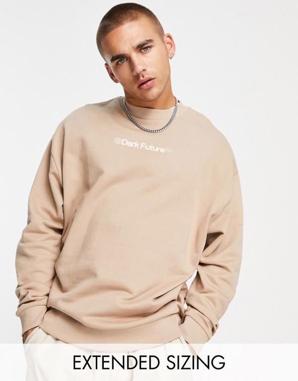 ASOS Dark Future oversized sweatshirt with front and back logo prints in taupe-Neutral