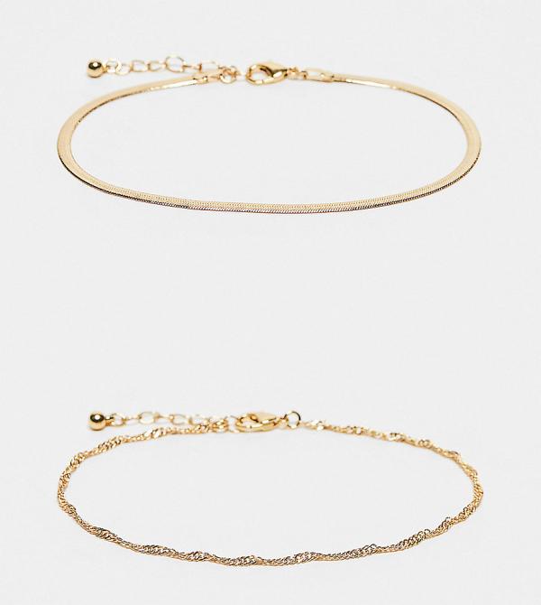 ASOS DESIGN 14k gold plated pack of 2 anklets with snake and twist chain design