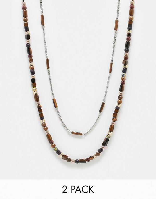 ASOS DESIGN 2 pack beaded necklace in brown tone