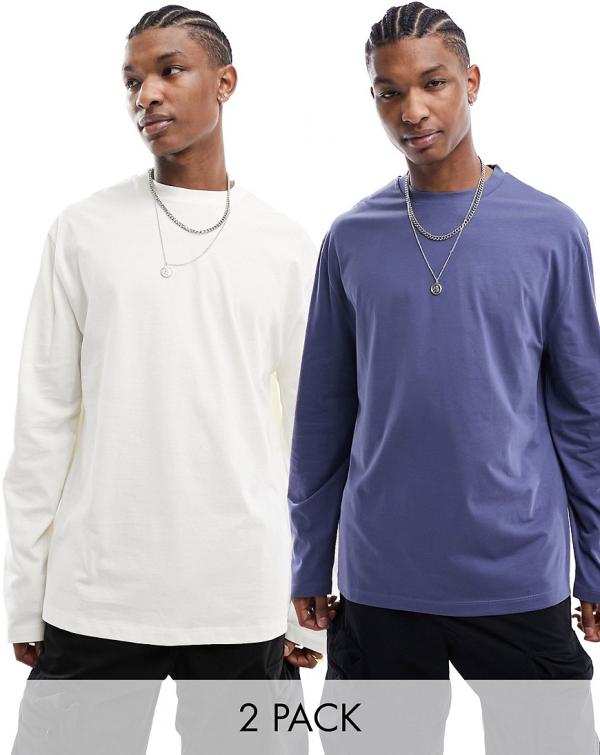 ASOS DESIGN 2 pack long sleeve t-shirt with crew neck in ecru and blue-Multi