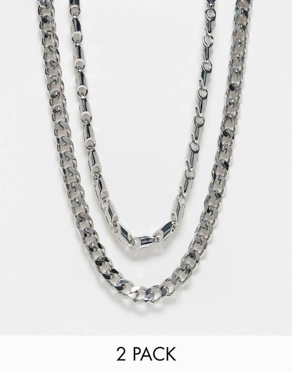 ASOS DESIGN 2 pack mixed chain necklace set in silver tone