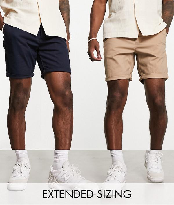 ASOS DESIGN 2 pack slim chino shorts in mid length in stone & navy-Multi