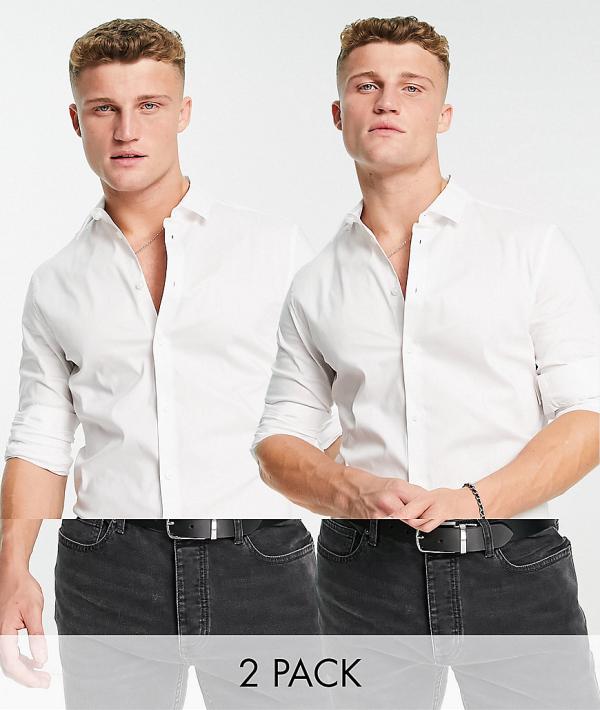 ASOS DESIGN 2 pack stretch slim fit work shirt in white-Multi