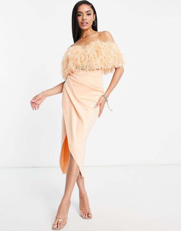ASOS DESIGN 2 piece off shoulder pencil wrap tuck faux feather midi dress in peach-Multi