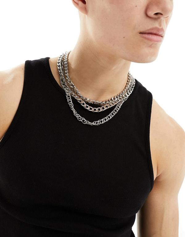 ASOS DESIGN 3 pack chunky chain necklace with large clasp in silver tone