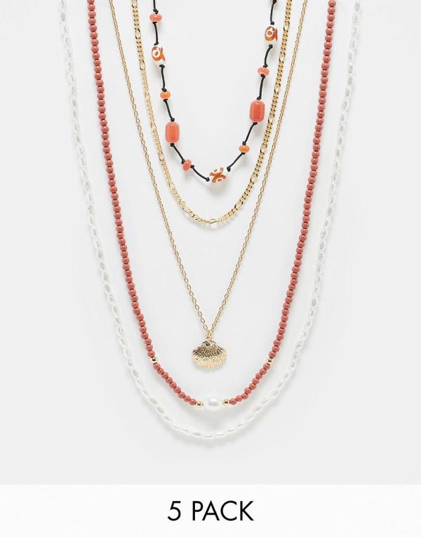 ASOS DESIGN 5 pack bead and cord necklace set in multi-Red