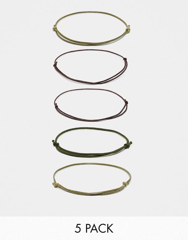 ASOS DESIGN 5 pack cord bracelet set in khaki and brown tones-Multi
