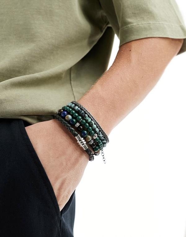 ASOS DESIGN 5 pack mixed bracelet set in green-Multi