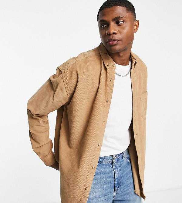 ASOS DESIGN 90s oversized cord shirt in beige-Neutral