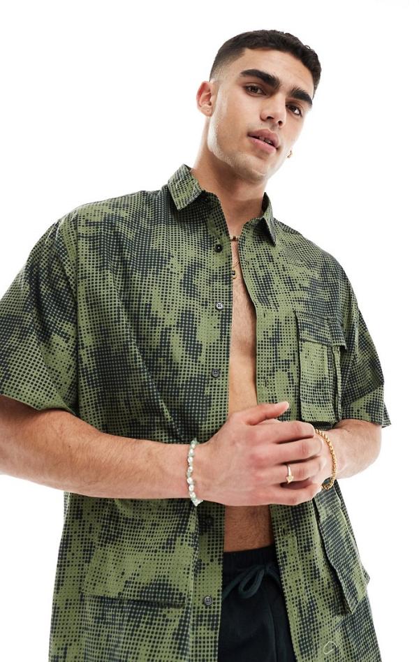 ASOS DESIGN 90s oversized shirt in pixel camo print with utility pockets-Green