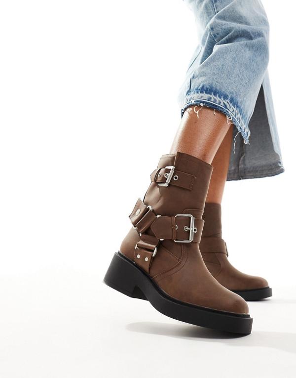 ASOS DESIGN Aim harness biker ankle boots in brown