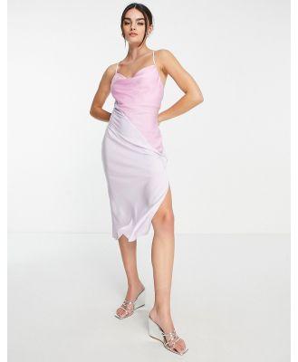 ASOS DESIGN asymmetric colour block satin midi dress with lace up back in pink