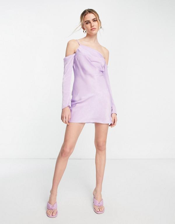 ASOS DESIGN asymmetric satin mini dress with cold shoulder in mauve-Purple