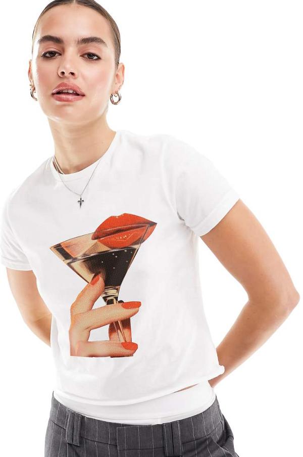 ASOS DESIGN baby tee with lips and drink graphic in white