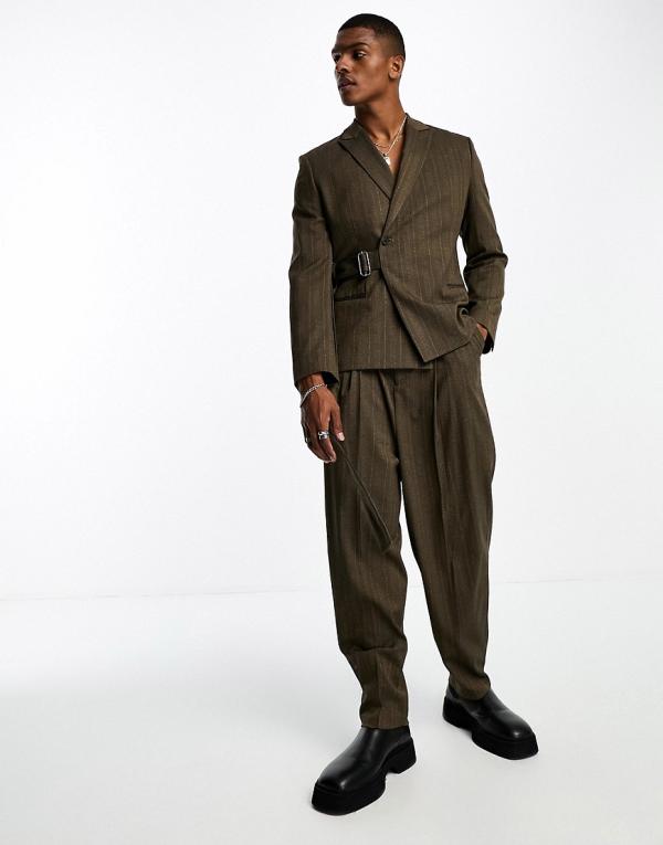 ASOS DESIGN balloon fit suit pants in tonal stripe-Brown