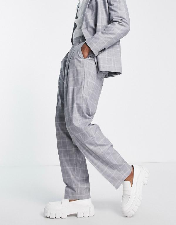 ASOS DESIGN balloon suit pants with prince of wales check in grey