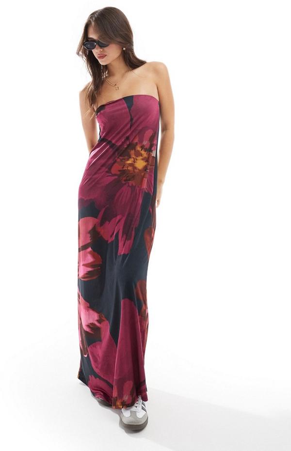 ASOS DESIGN bandeau column midi dress in oversized floral print-Multi