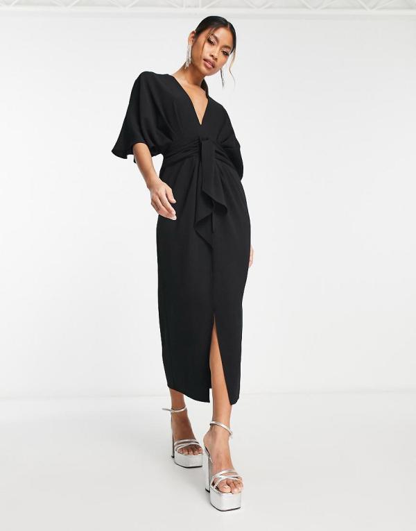 ASOS DESIGN batwing plunge neck tie front crepe midi dress in black