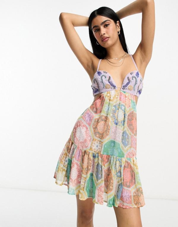 ASOS DESIGN beaded mini cut out sundress with open back detail in tile print-Multi