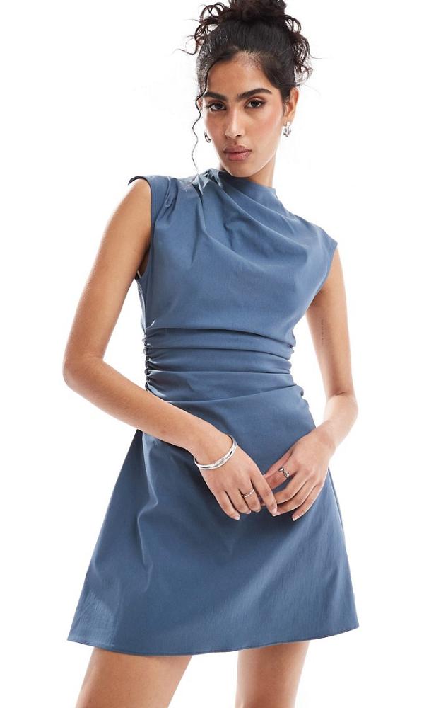 ASOS DESIGN bengaline high neck sleeveless mini dress with ruching detail in denim blue
