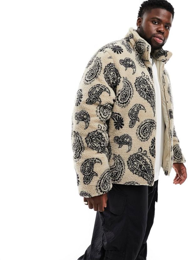 ASOS DESIGN borg puffer jacket in paisley print in ecru-Neutral