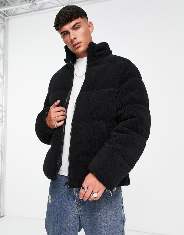 ASOS DESIGN borg puffer jacket with removable hood in black