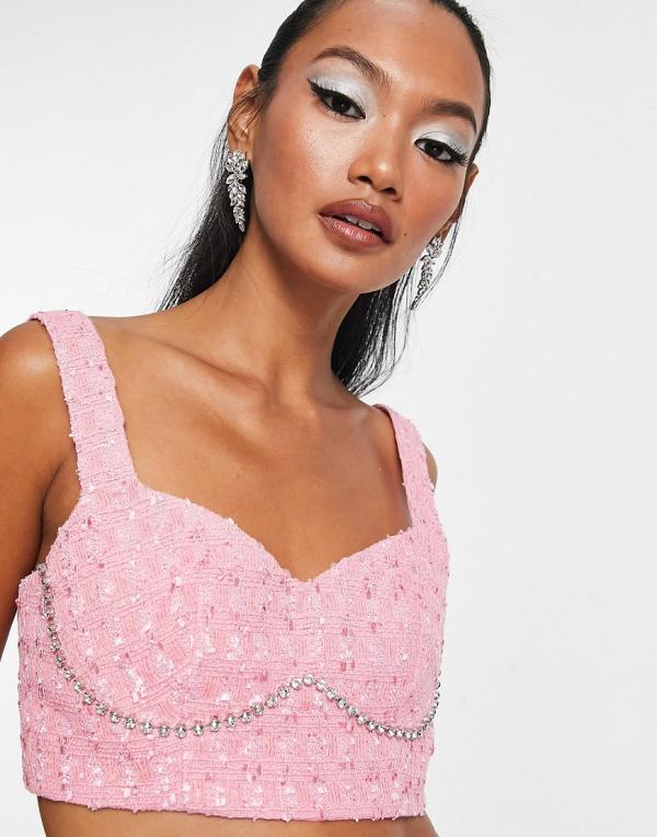 ASOS DESIGN boucle crop top with diamante detail in pink (part of a set)