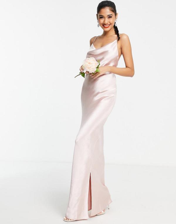 ASOS DESIGN Bridesmaid cami maxi slip dress in hi- shine satin with lace-up back in blush-Pink