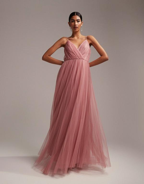 ASOS DESIGN Bridesmaid cami pleated tulle maxi dress in rose-Pink