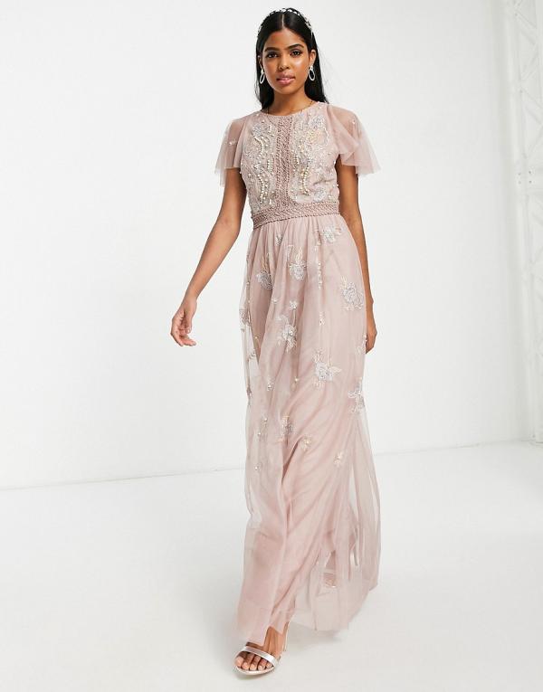 ASOS DESIGN Bridesmaid pearl-embellished flutter sleeve maxi dress with floral embroidery in rose-Pink