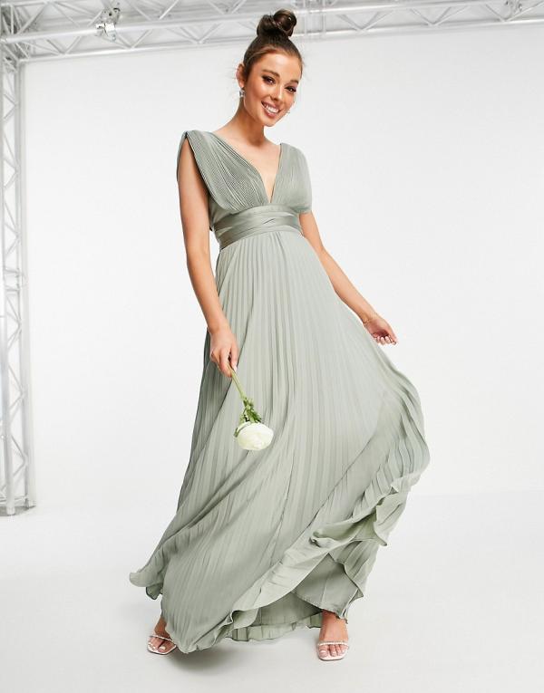 ASOS DESIGN Bridesmaid pleated cami maxi dress with satin wrap waist in olive-Green