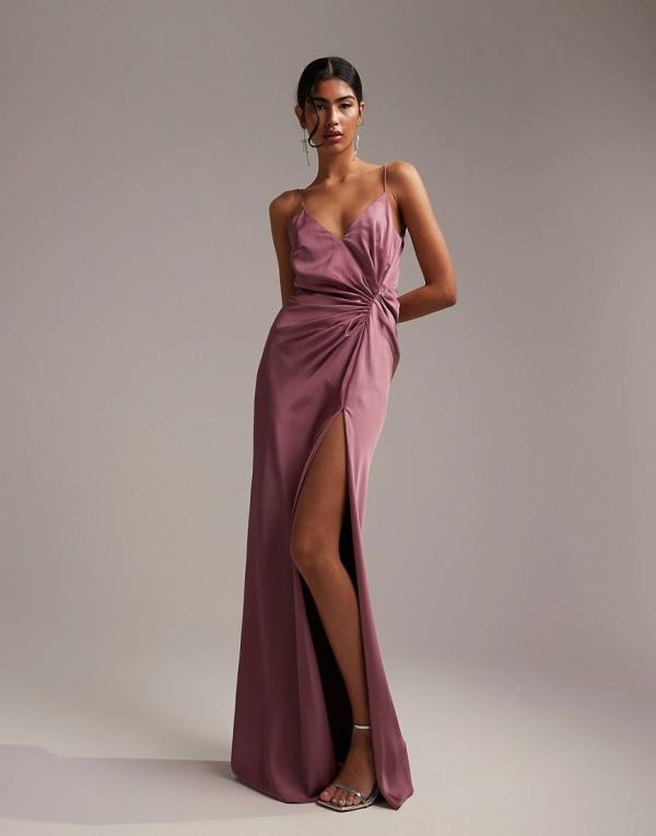 ASOS DESIGN Bridesmaid satin cami maxi dress with drape detail in orchid-Purple