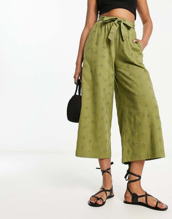 ASOS DESIGN broderie wide leg pants with tie belt in khaki-Green