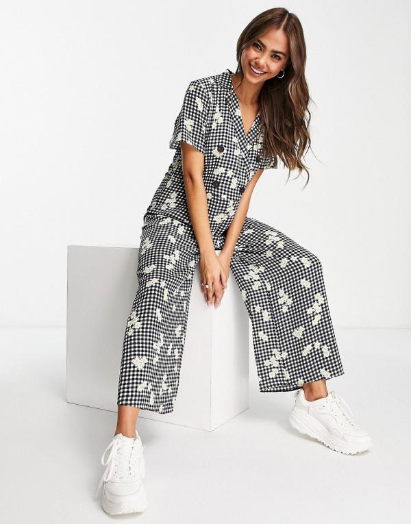 ASOS DESIGN bubble crepe double-breasted smock jumpsuit in gingham floral-Multi
