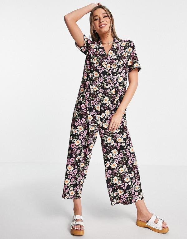 ASOS DESIGN bubble crepe double-breasted smock jumpsuit in multi floral print