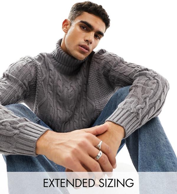 ASOS DESIGN cable knit roll neck jumper in charcoal-Grey