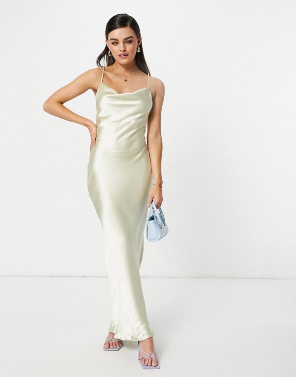 ASOS DESIGN cami maxi slip dress in hi-shine satin with lace-up back in oyster-White