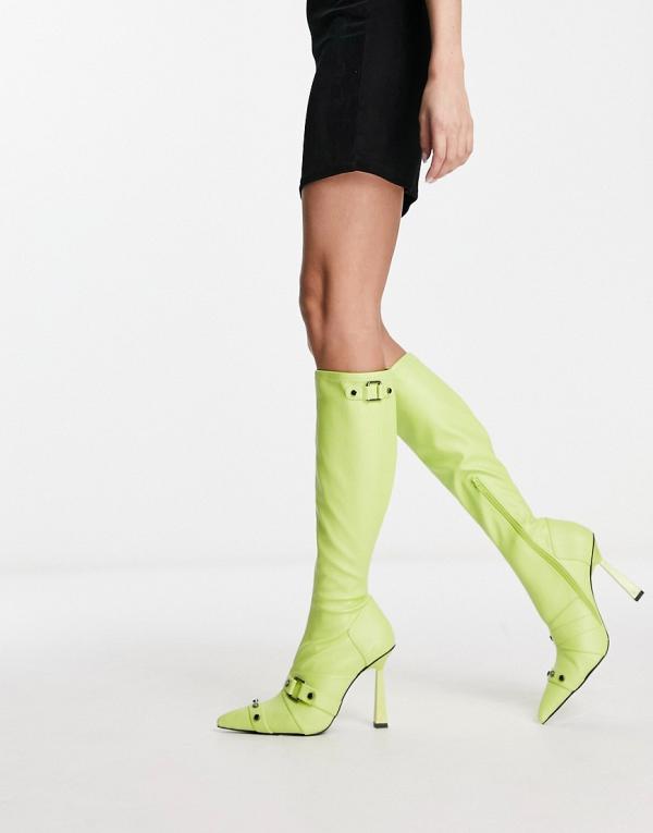ASOS DESIGN Cannes 2 heeled hardware knee boots in lime-Green