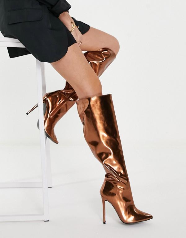 ASOS DESIGN Carly high heeled pull on knee boots in copper metallic