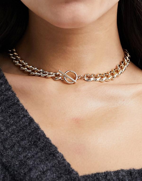 ASOS DESIGN chain necklace with textured link and t bar in gold tone