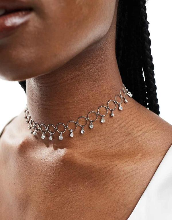 ASOS DESIGN choker necklace with ring and crystal drops in silver tone