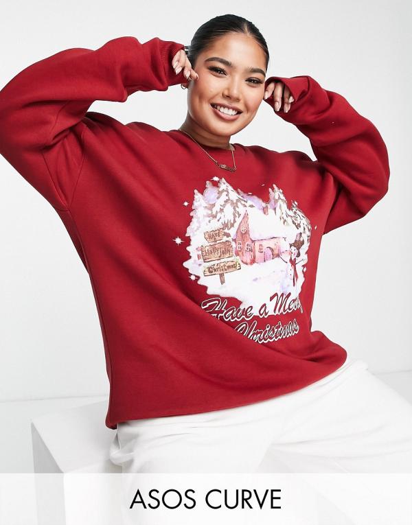 ASOS DESIGN Christmas oversized sweatshirt jumper with retro scenic print in burgundy-Red