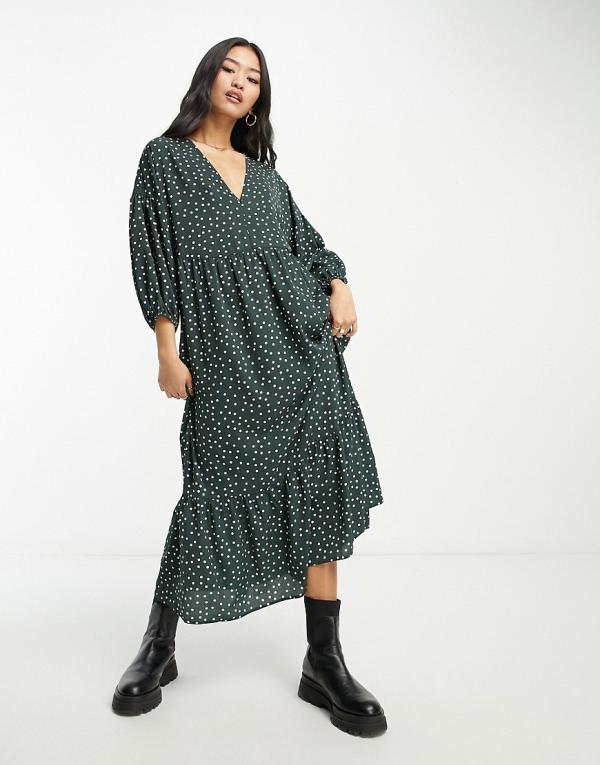 ASOS DESIGN chuck on smock midi dress in bottle green spot-Multi