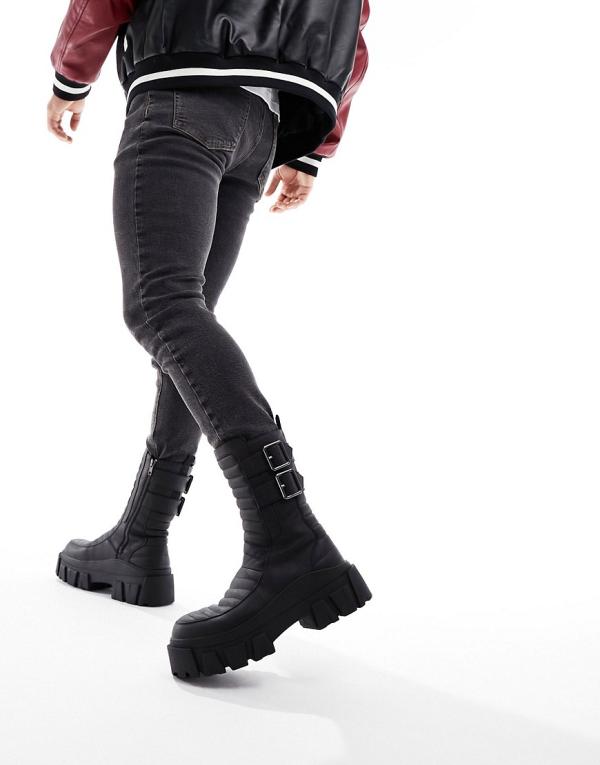 ASOS DESIGN chunky boots in black faux leather with padding and buckle details
