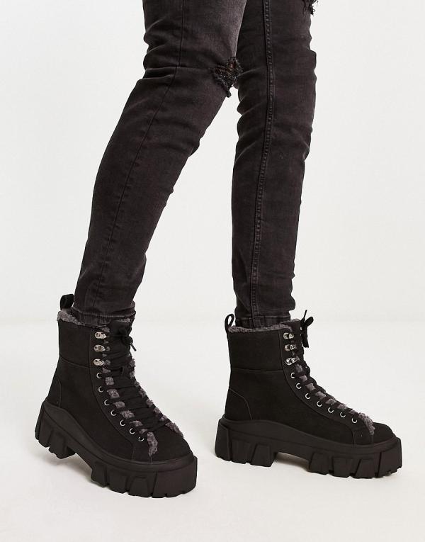 ASOS DESIGN chunky lace up boots in black faux suede with faux borg lining