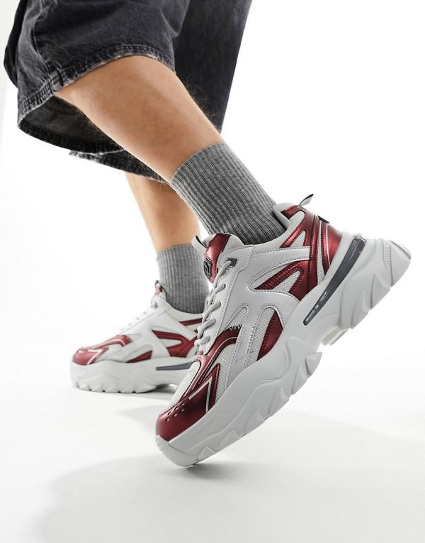 ASOS DESIGN chunky sneakers in grey with burgundy metallic panels-Multi