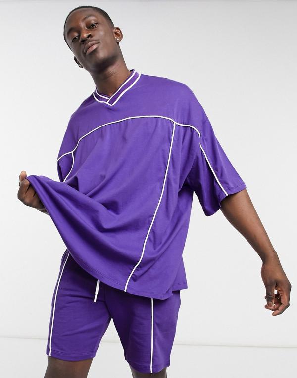 ASOS DESIGN co-ord heavyweight v-neck cut and sew t-shirt in purple