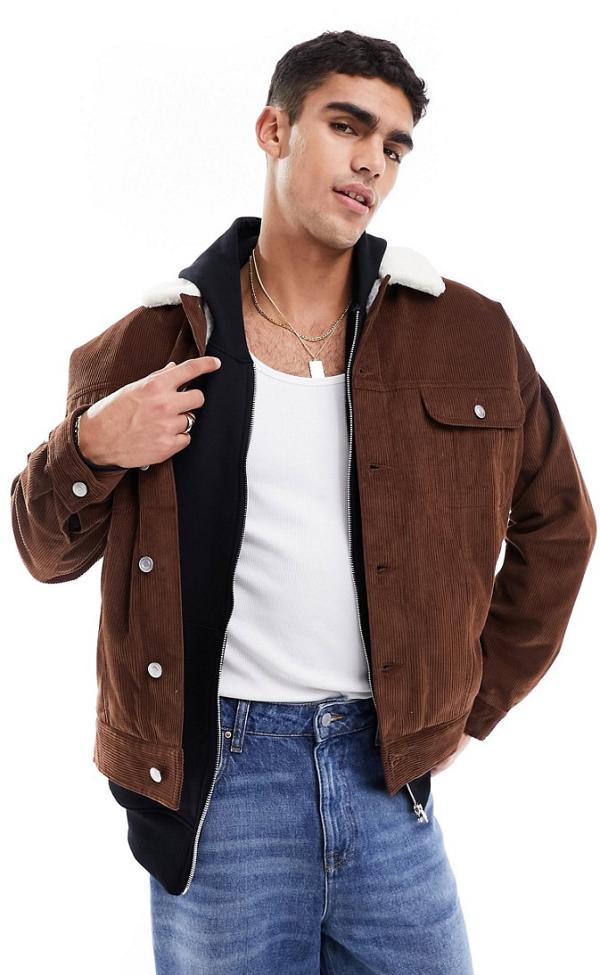ASOS DESIGN cord western jacket in brown with ecru borg collar