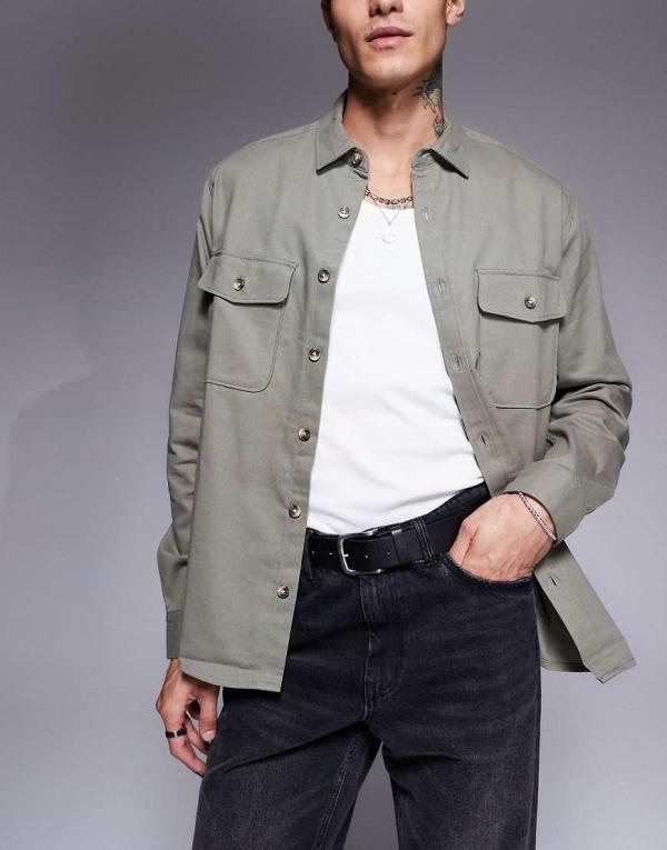 ASOS DESIGN cotton overshirt in khaki-Green